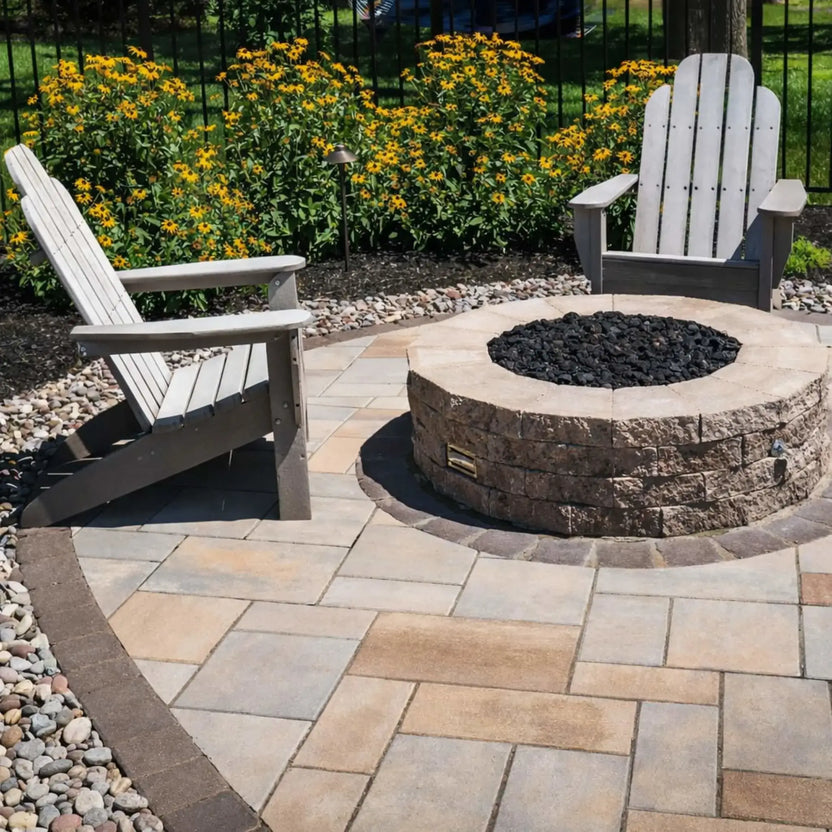 Round stone fire pit with a stainless steel burner pan filled with rolled lava rock, set in a landscaped backyard patio with Adirondack chairs, decorative pavers, and lush greenery creating a cozy outdoor gathering space.