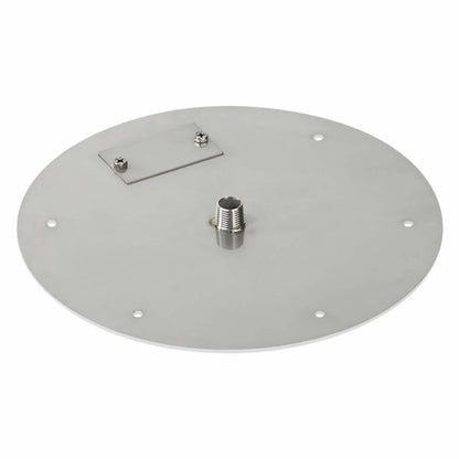 Top-down product image of a 12-inch round stainless steel flat fire pit burner pan, showing the central gas inlet fitting, mounting holes, and clean brushed metal surface on a white background.