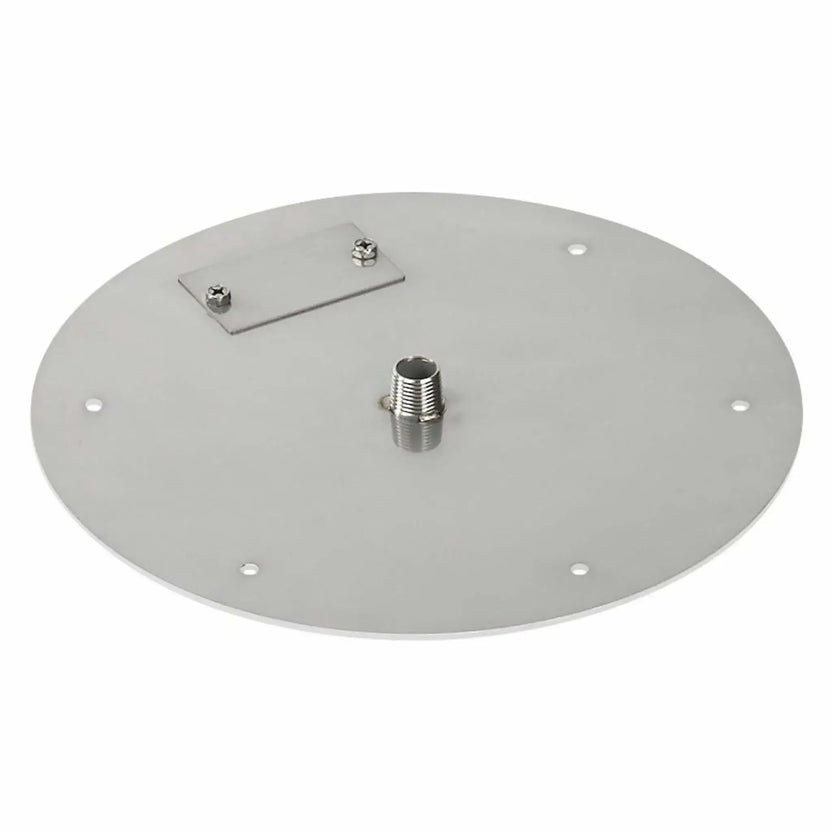 Top-down product image of a 12-inch round stainless steel flat fire pit burner pan, showing the central gas inlet fitting, mounting holes, and clean brushed metal surface on a white background.