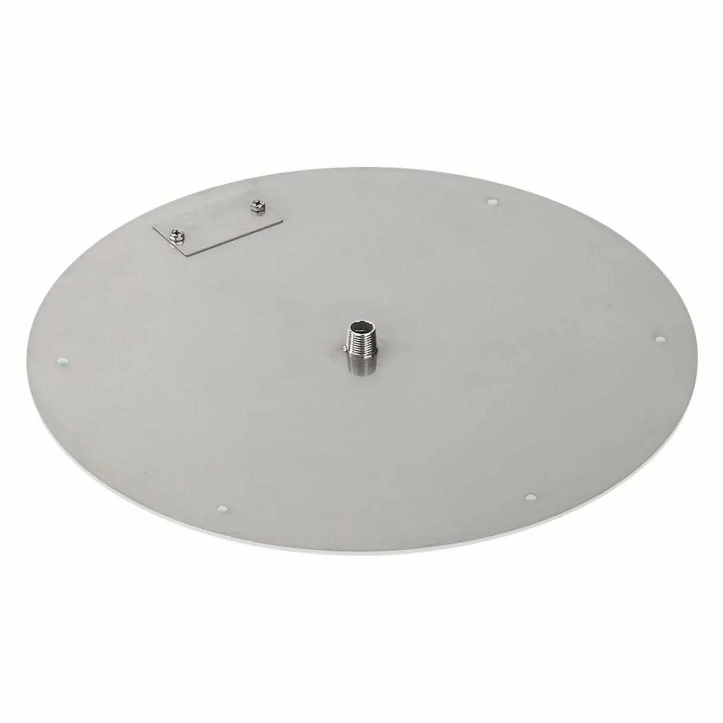 18-inch round stainless steel flat fire pit burner pan featuring a corrosion-resistant surface, precision-cut circular design, central gas connection fitting, and mounting points, isolated on a white background.