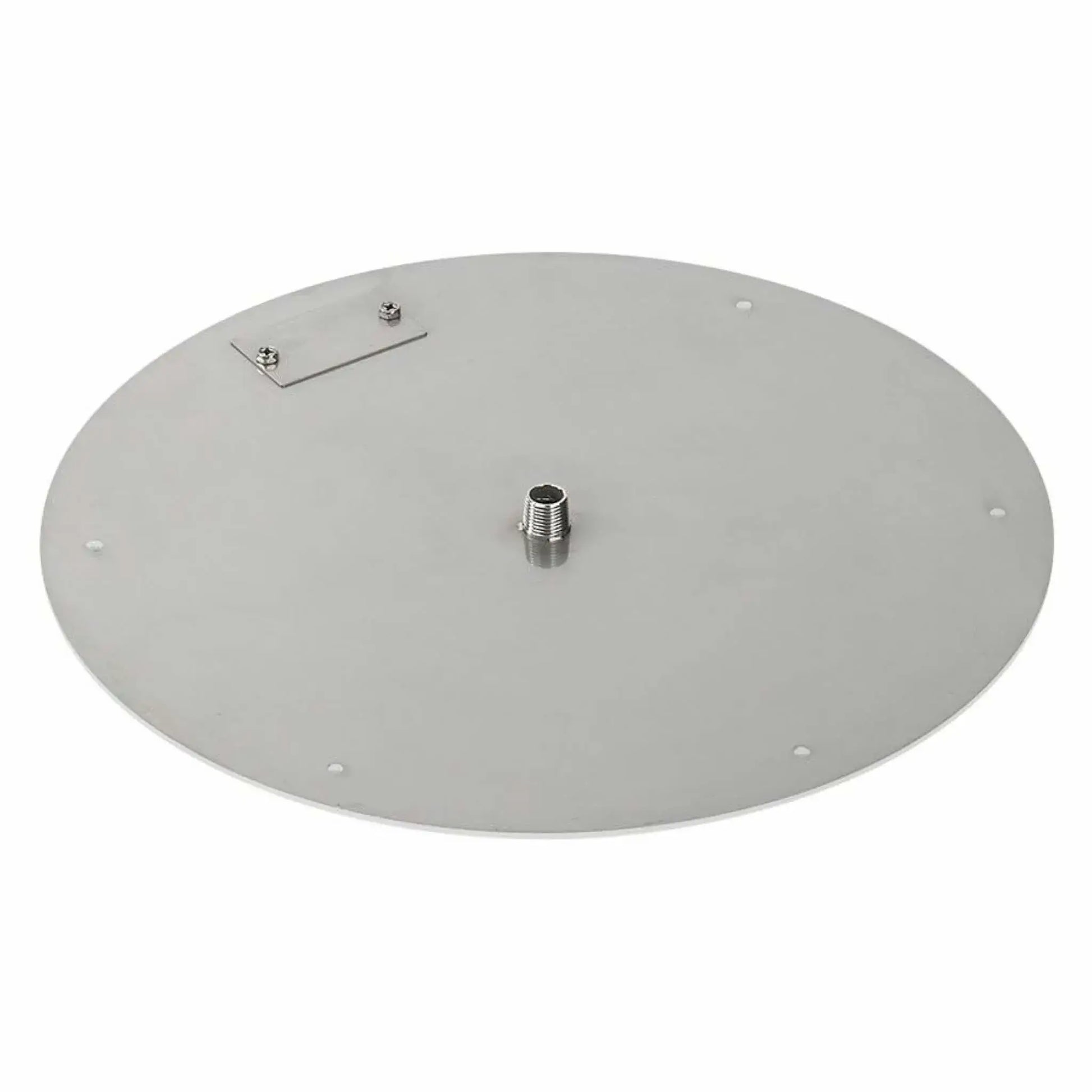 18-inch round stainless steel flat fire pit burner pan featuring a corrosion-resistant surface, precision-cut circular design, central gas connection fitting, and mounting points, isolated on a white background.