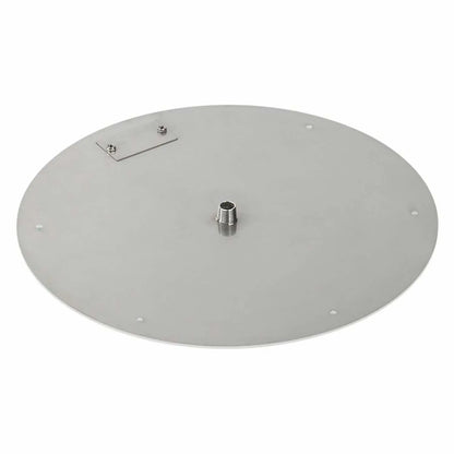 18-inch round stainless steel flat fire pit burner pan featuring a corrosion-resistant surface, precision-cut circular design, central gas connection fitting, and mounting points, isolated on a white background.