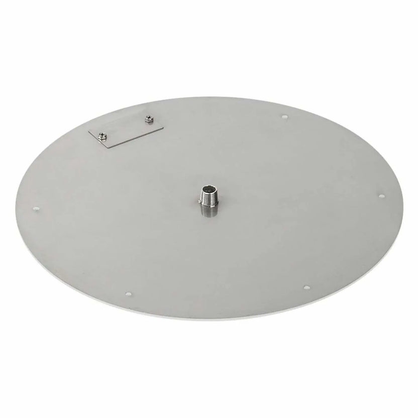 18-inch round stainless steel flat fire pit burner pan featuring a corrosion-resistant surface, precision-cut circular design, central gas connection fitting, and mounting points, isolated on a white background.