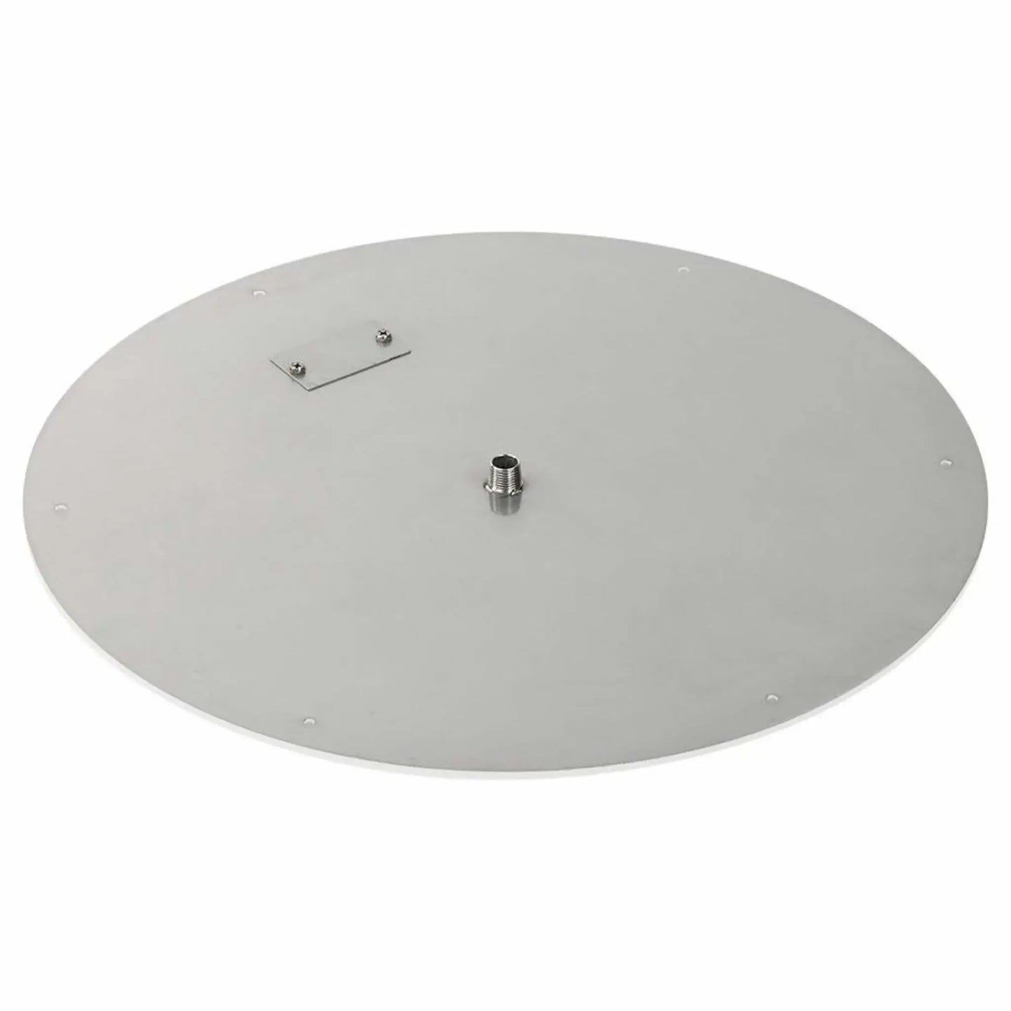 24-inch round stainless steel flat fire pit burner pan with a wide, low-profile design, smooth metal finish, centered threaded gas inlet, and pre-drilled holes for secure installation, photographed on white.