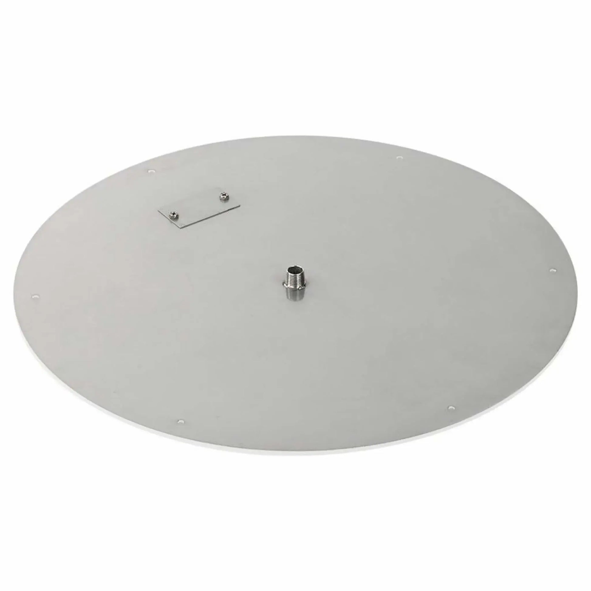 24-inch round stainless steel flat fire pit burner pan with a wide, low-profile design, smooth metal finish, centered threaded gas inlet, and pre-drilled holes for secure installation, photographed on white.