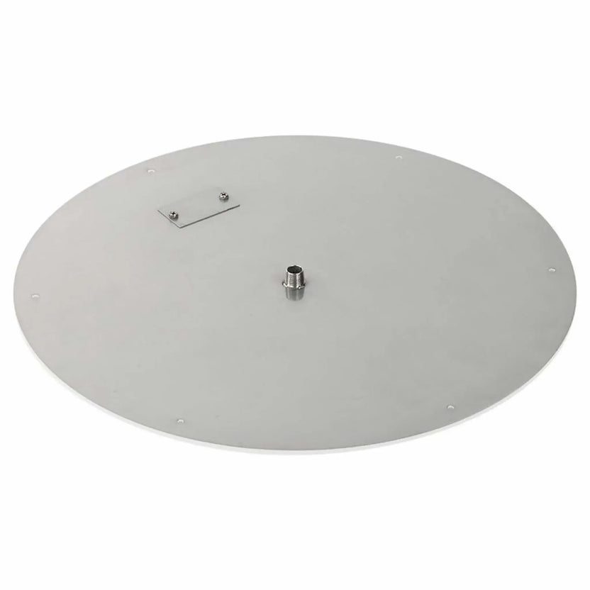 24-inch round stainless steel flat fire pit burner pan with a wide, low-profile design, smooth metal finish, centered threaded gas inlet, and pre-drilled holes for secure installation, photographed on white.