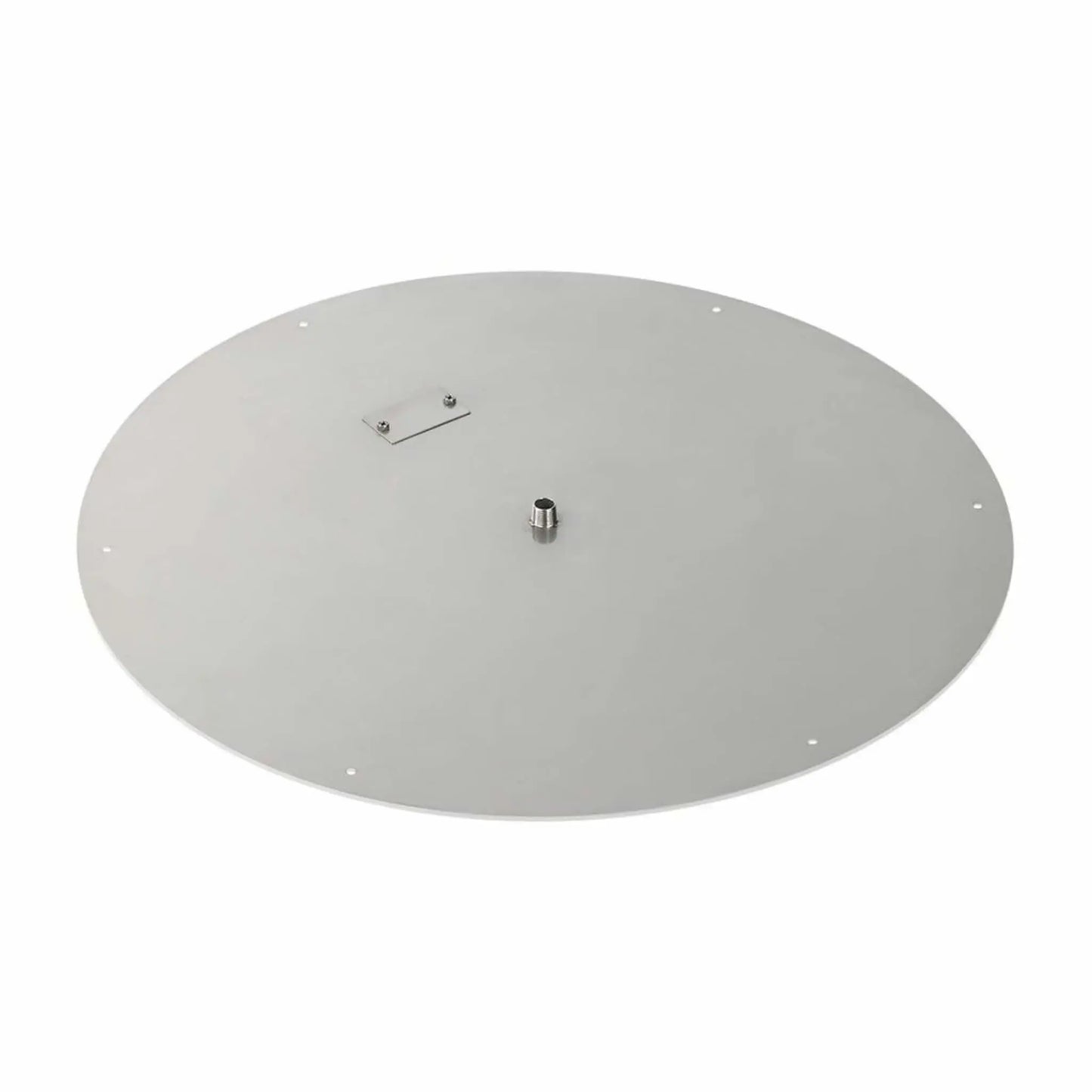 30-inch round stainless steel flat fire pit burner pan designed for large outdoor fire features, showcasing a durable brushed stainless surface, central gas inlet connection, and evenly spaced mounting holes.