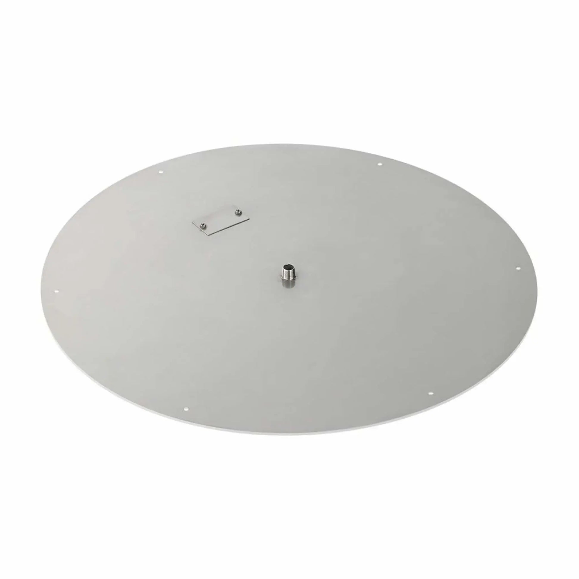 30-inch round stainless steel flat fire pit burner pan designed for large outdoor fire features, showcasing a durable brushed stainless surface, central gas inlet connection, and evenly spaced mounting holes.