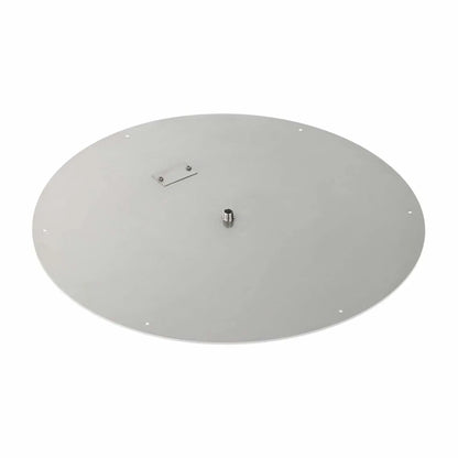 30-inch round stainless steel flat fire pit burner pan designed for large outdoor fire features, showcasing a durable brushed stainless surface, central gas inlet connection, and evenly spaced mounting holes.