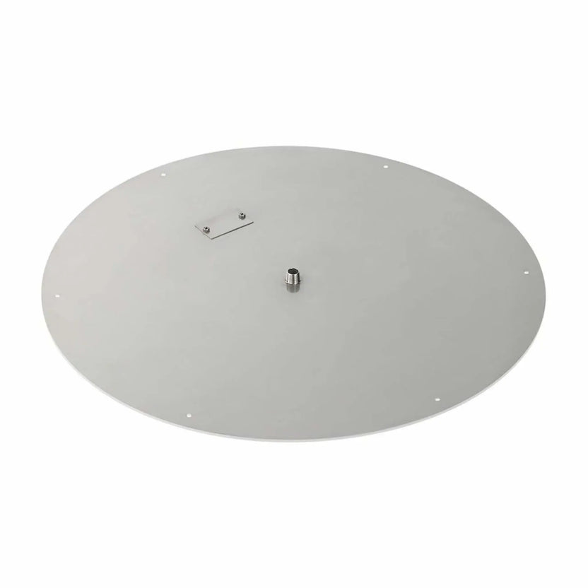 30-inch round stainless steel flat fire pit burner pan designed for large outdoor fire features, showcasing a durable brushed stainless surface, central gas inlet connection, and evenly spaced mounting holes.