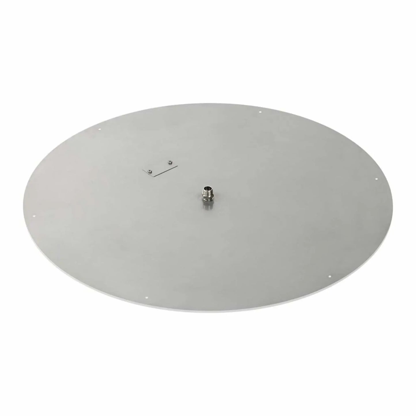 36-inch round stainless steel flat fire pit burner pan with a broad circular layout, heavy-duty stainless steel construction, centered gas inlet fitting, and clean mounting points, displayed against a white background.