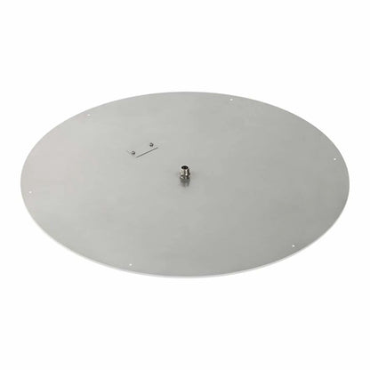 36-inch round stainless steel flat fire pit burner pan with a broad circular layout, heavy-duty stainless steel construction, centered gas inlet fitting, and clean mounting points, displayed against a white background.