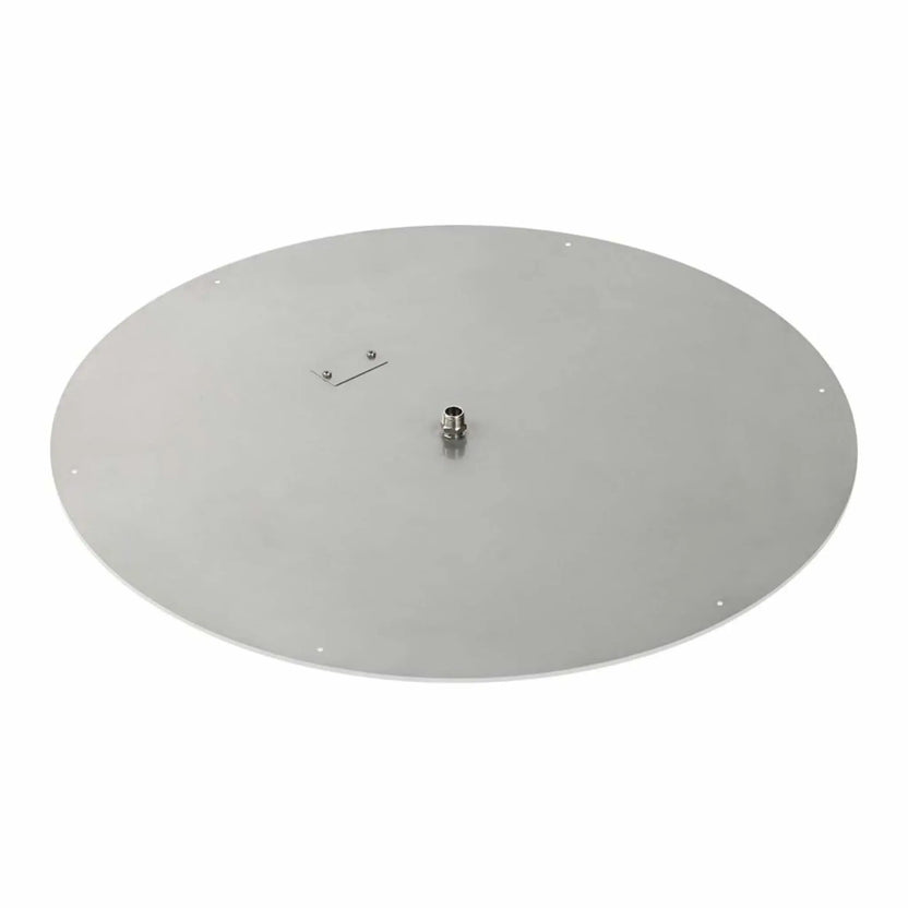 36-inch round stainless steel flat fire pit burner pan with a broad circular layout, heavy-duty stainless steel construction, centered gas inlet fitting, and clean mounting points, displayed against a white background.