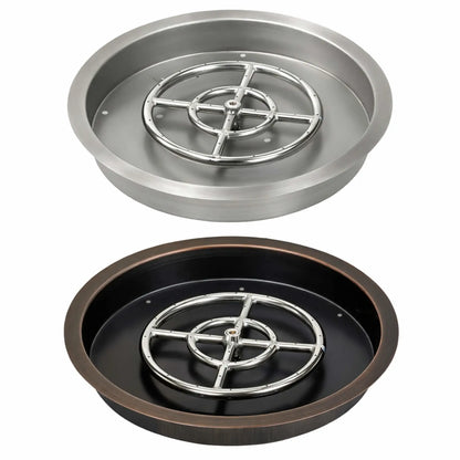 Round drop-in fire pit burner pan featuring a stainless steel pan with an oil rubbed bronze finished rim and a circular stainless steel burner ring with cross supports, shown on a white background for clear product detail.