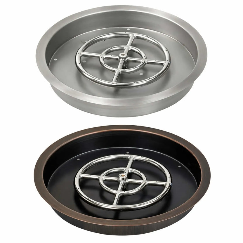 Round drop-in fire pit burner pan featuring a stainless steel pan with an oil rubbed bronze finished rim and a circular stainless steel burner ring with cross supports, shown on a white background for clear product detail.