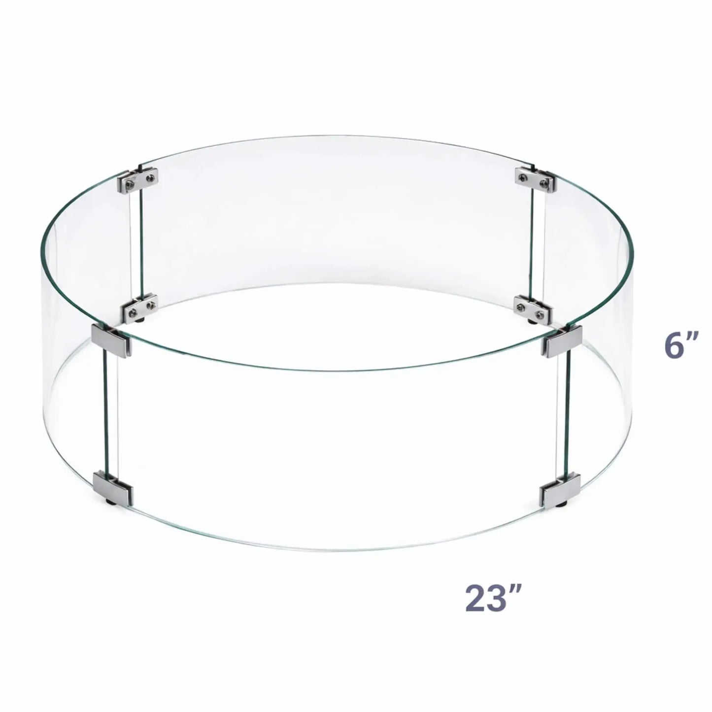 Product diagram showing a 23-inch round tempered glass wind guard with a 6-inch height, illustrating the circular layout and overall dimensions for proper fire pit fitment.