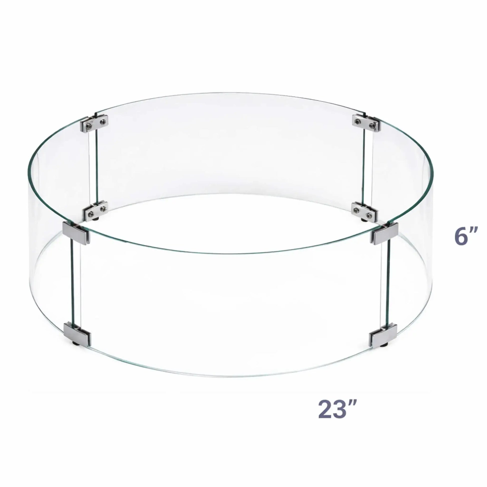 Product diagram showing a 23-inch round tempered glass wind guard with a 6-inch height, illustrating the circular layout and overall dimensions for proper fire pit fitment.
