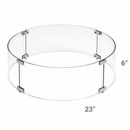 Product diagram showing a 23-inch round tempered glass wind guard with a 6-inch height, illustrating the circular layout and overall dimensions for proper fire pit fitment.