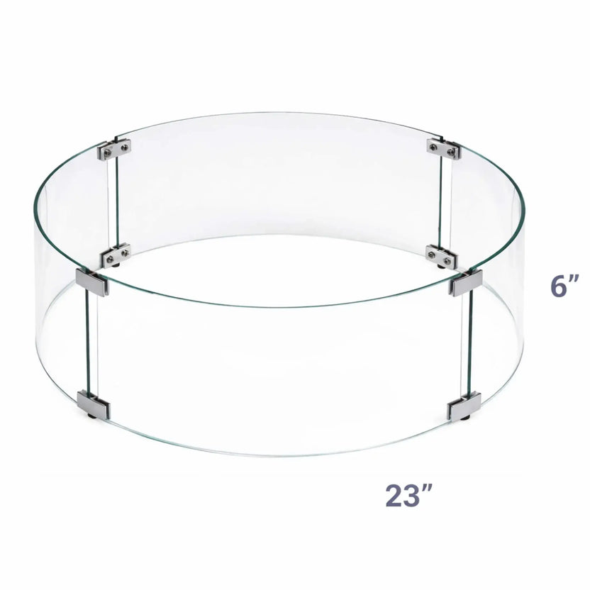 Product diagram showing a 23-inch round tempered glass wind guard with a 6-inch height, illustrating the circular layout and overall dimensions for proper fire pit fitment.