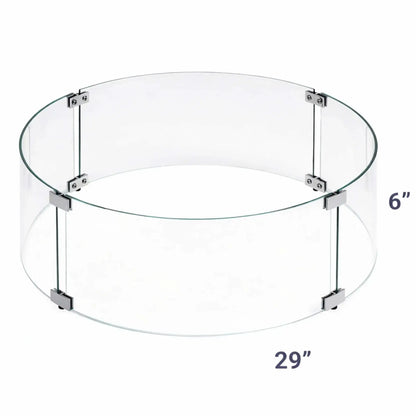 Dimensional diagram of a 29-inch round tempered glass wind guard with a 6-inch height, highlighting size proportions and circular configuration for larger round fire pits.