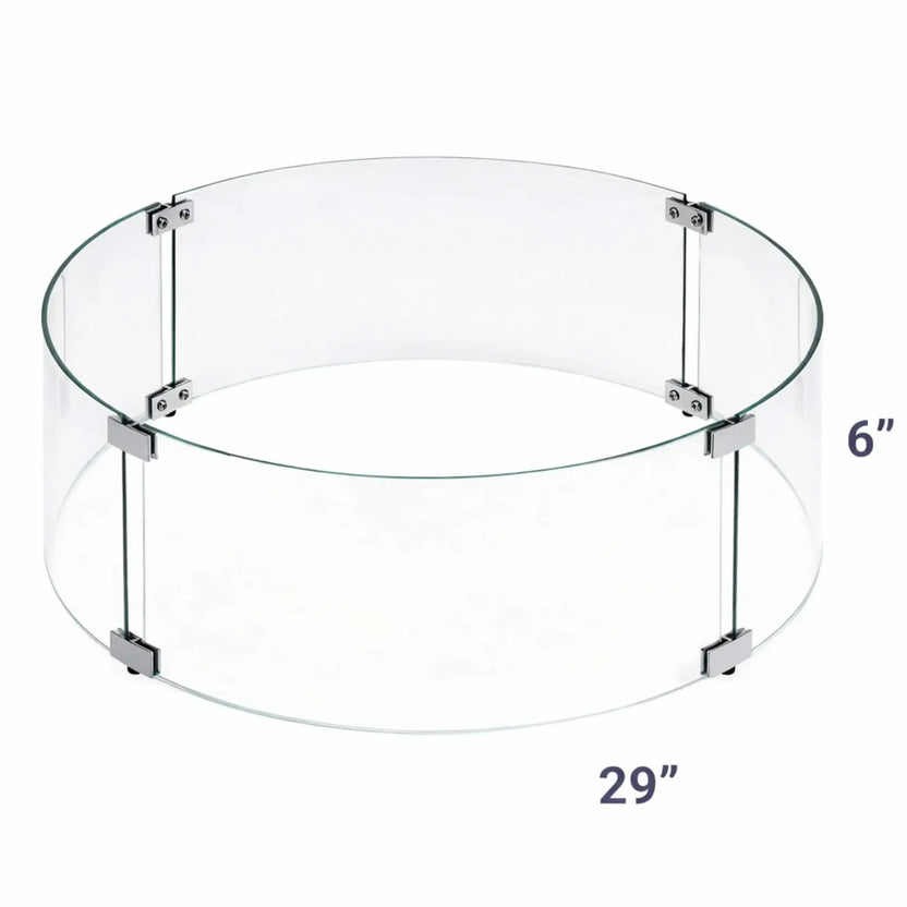 Dimensional diagram of a 29-inch round tempered glass wind guard with a 6-inch height, highlighting size proportions and circular configuration for larger round fire pits.