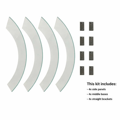 Product contents layout showing curved tempered glass panels and stainless steel mounting brackets included with the round glass wind guard kit for fire pit installation.