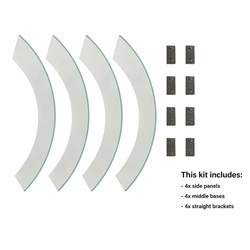 Product contents layout showing curved tempered glass panels and stainless steel mounting brackets included with the round glass wind guard kit for fire pit installation.