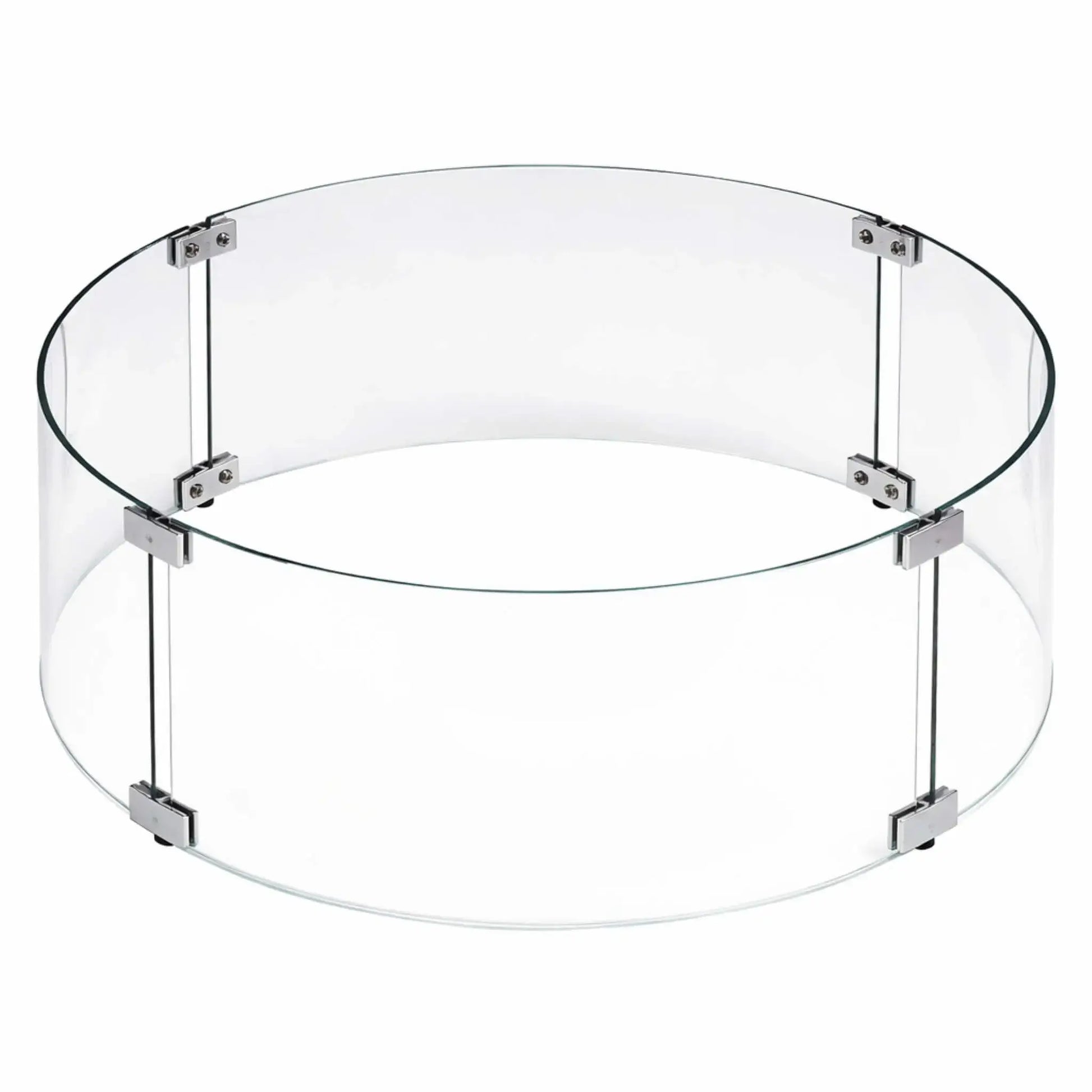 Clear round tempered glass wind guard assembled in a circular shape with stainless steel brackets, designed to surround a round fire pit burner for wind protection and flame stability.
