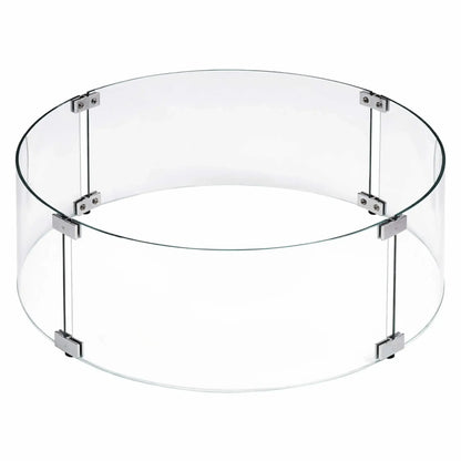 Clear round tempered glass wind guard assembled in a circular shape with stainless steel brackets, designed to surround a round fire pit burner for wind protection and flame stability.