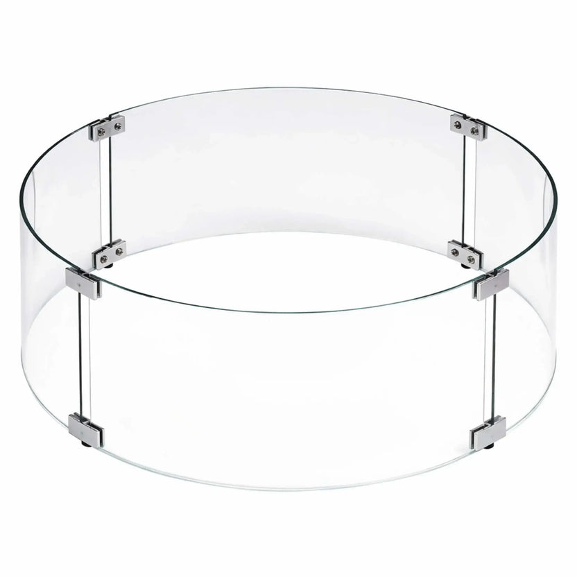Clear round tempered glass wind guard assembled in a circular shape with stainless steel brackets, designed to surround a round fire pit burner for wind protection and flame stability.