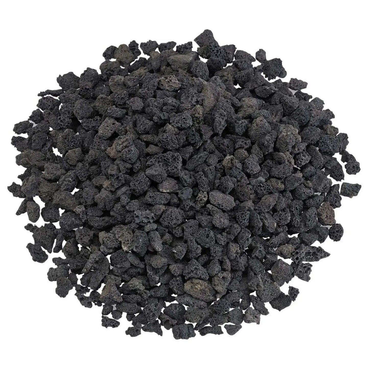Top view of small lava rock spread in a rounded mound, highlighting irregular shapes and airy volcanic structure designed for fire pit burner coverage and drainage support.