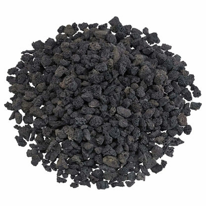 Top view of small lava rock spread in a rounded mound, highlighting irregular shapes and airy volcanic structure designed for fire pit burner coverage and drainage support.
