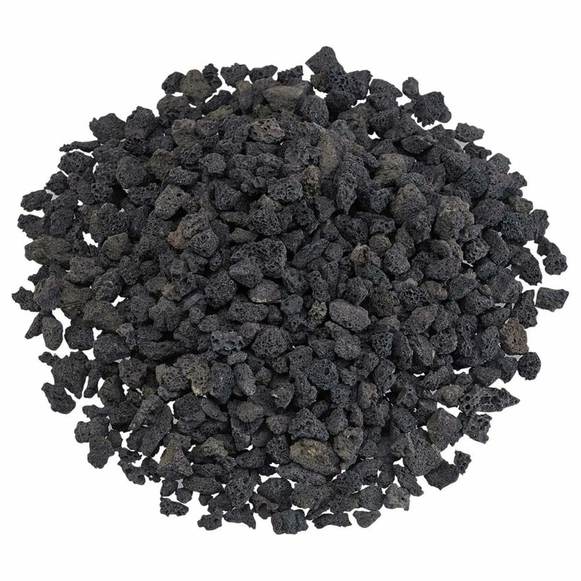 Top view of small lava rock spread in a rounded mound, highlighting irregular shapes and airy volcanic structure designed for fire pit burner coverage and drainage support.