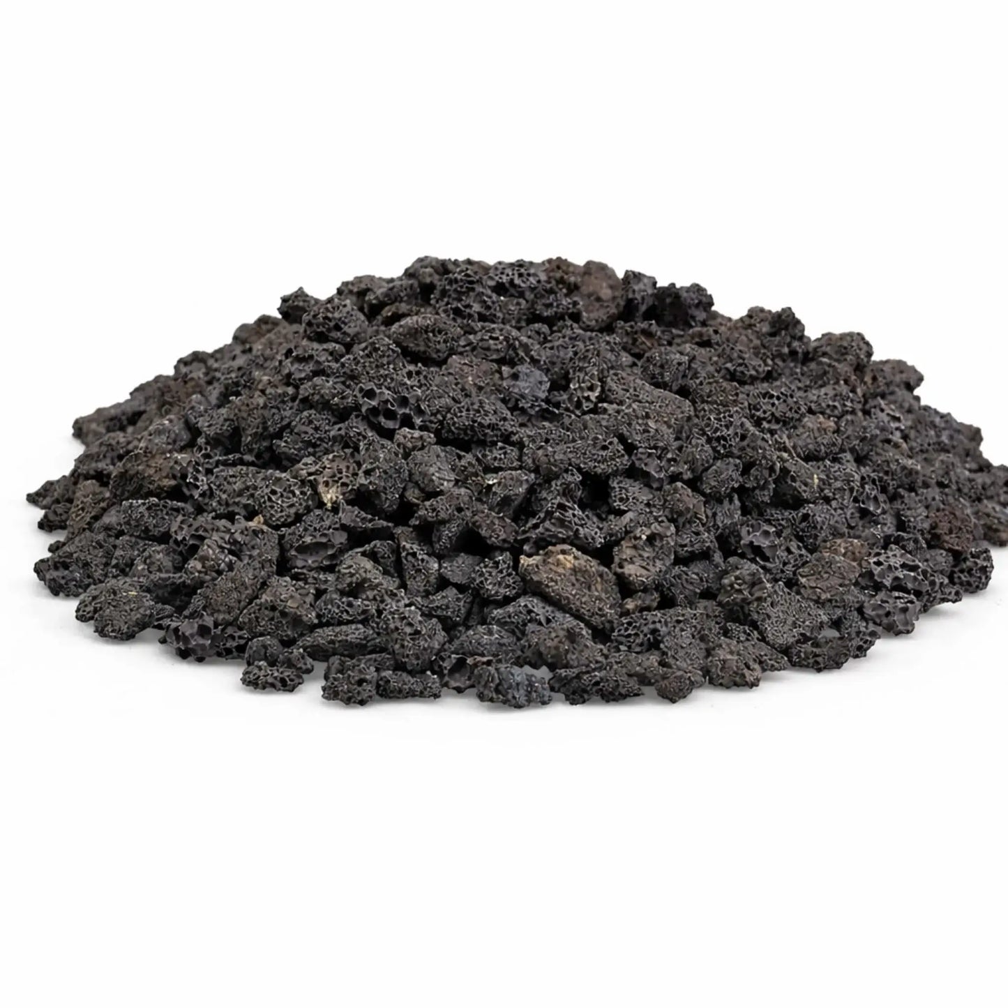Pile of small black lava rock pieces with porous, lightweight texture, ideal for use as a natural gas fire pit base layer or decorative filler for outdoor fireplaces.