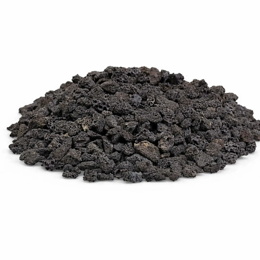 Pile of small black lava rock pieces with porous, lightweight texture, ideal for use as a natural gas fire pit base layer or decorative filler for outdoor fireplaces.