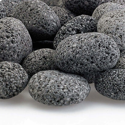 Close-up of small lava rocks showing detailed pitting, natural gray color variation, and rough volcanic surface designed to enhance flame spread and airflow in fire features.