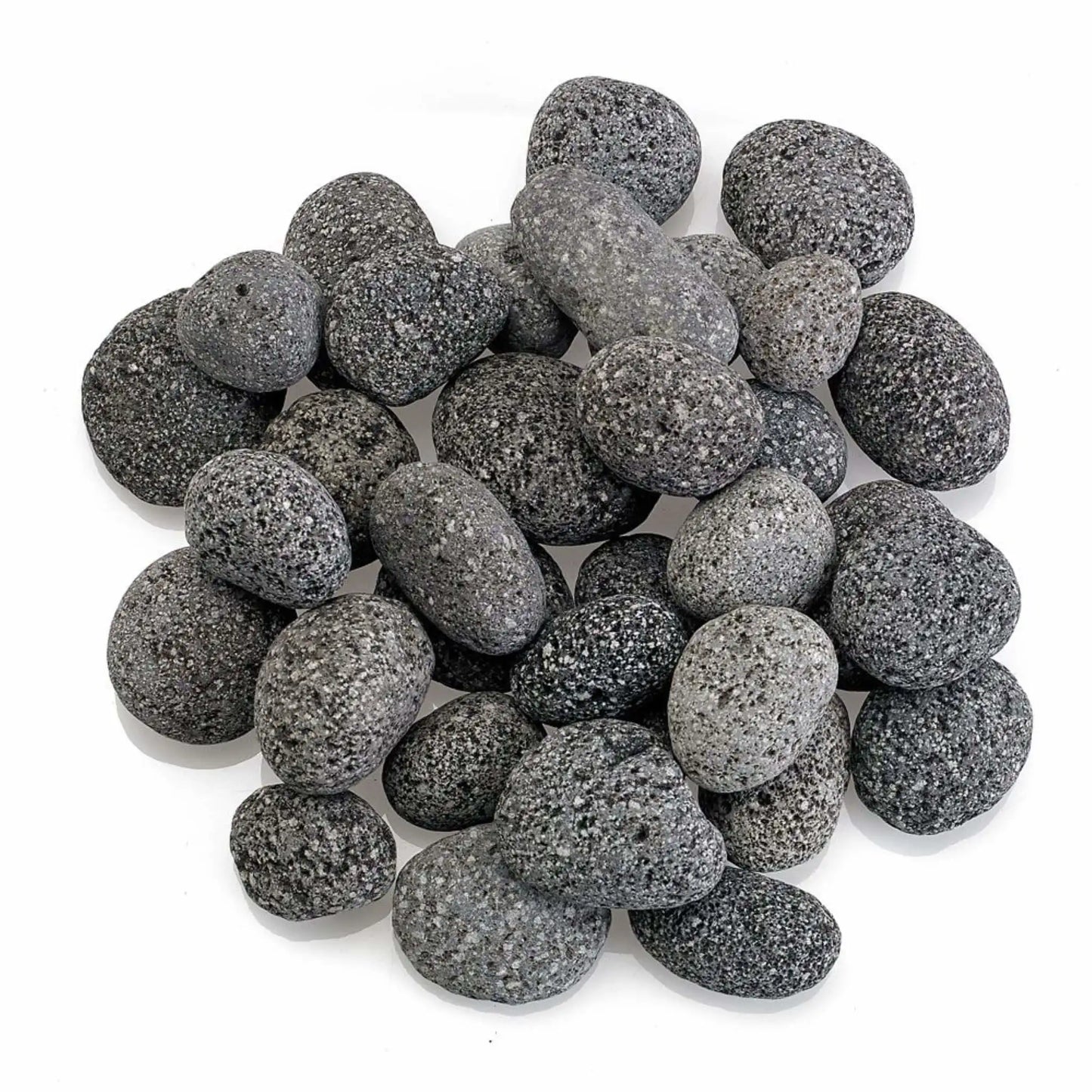 Top-down view of small American Fire Products lava stones clustered together, highlighting their compact size, smooth rounded edges, and naturally porous gray volcanic texture.