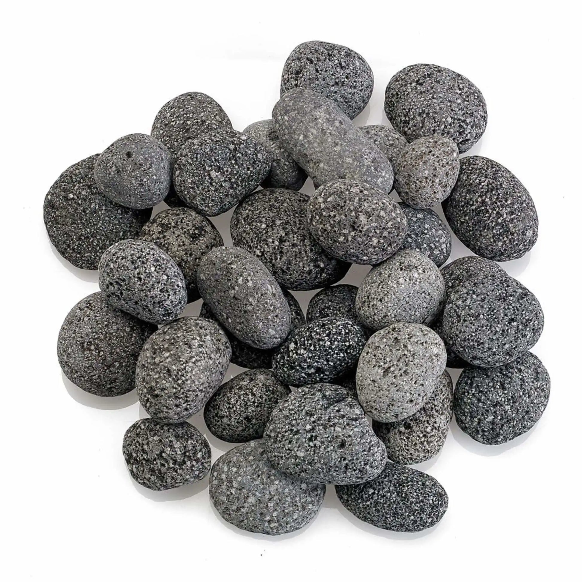 Top-down view of small American Fire Products lava stones clustered together, highlighting their compact size, smooth rounded edges, and naturally porous gray volcanic texture.