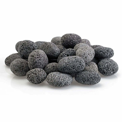 Pile of small gray lava stones from American Fire Products displayed on a white background, featuring compact rounded shapes and porous volcanic texture ideal for gas fire pits and fireplaces.
