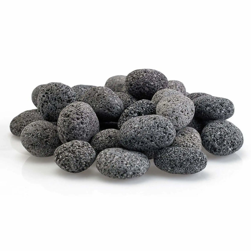 Pile of small gray lava stones from American Fire Products displayed on a white background, featuring compact rounded shapes and porous volcanic texture ideal for gas fire pits and fireplaces.