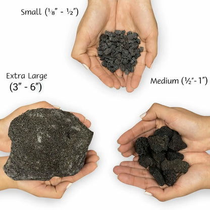 Side-by-side size comparison of small, medium, and extra extra large lava rocks held in hands, labeled with size ranges to show scale and thickness differences for fire pit applications.