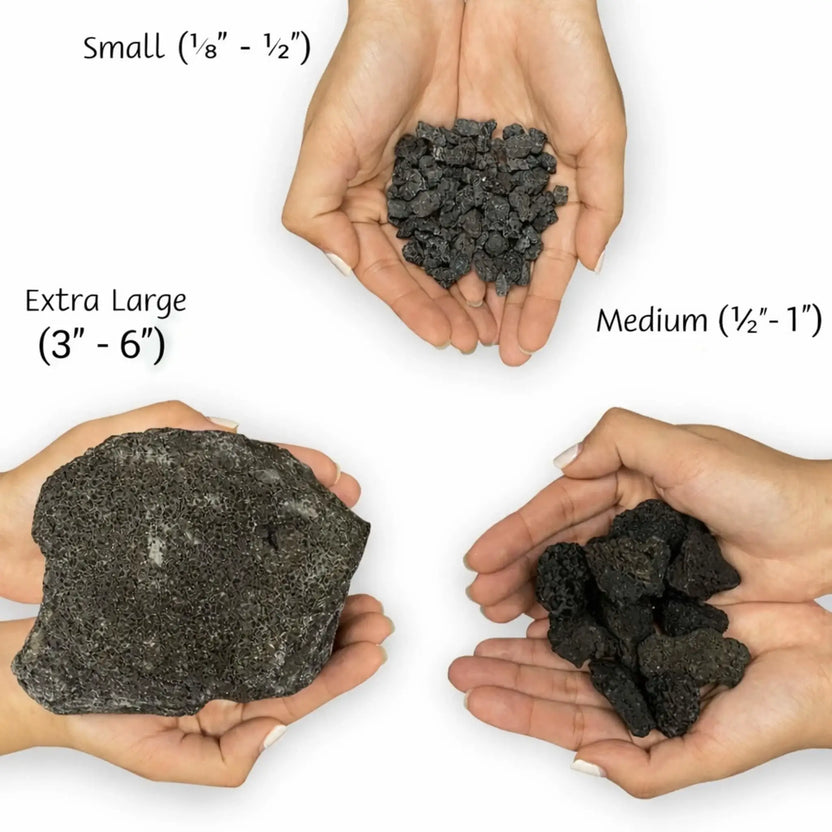 Side-by-side size comparison of small, medium, and extra extra large lava rocks held in hands, labeled with size ranges to show scale and thickness differences for fire pit applications.
