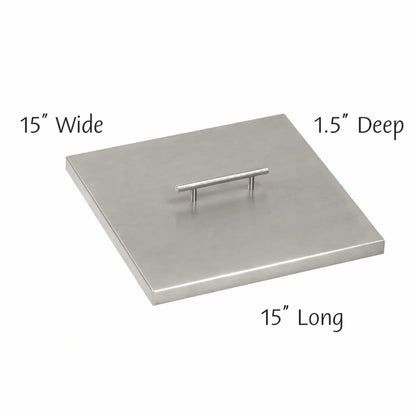 15 x 15 inch square stainless steel fire pit burner cover featuring a flat brushed surface and welded center handle, ideal for covering compact square fire pit burners.
