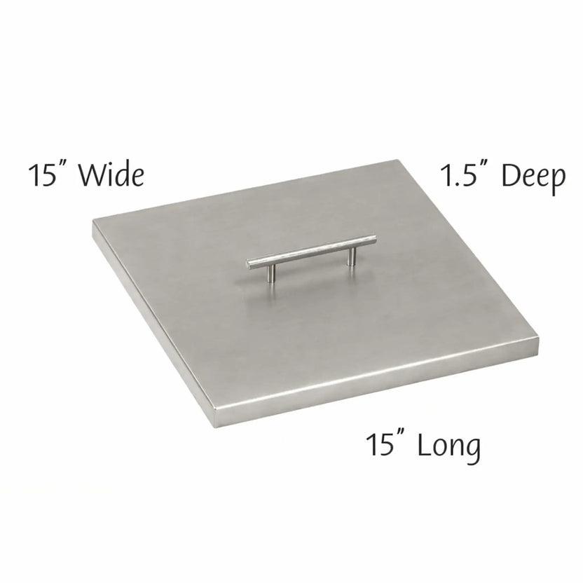15 x 15 inch square stainless steel fire pit burner cover featuring a flat brushed surface and welded center handle, ideal for covering compact square fire pit burners.