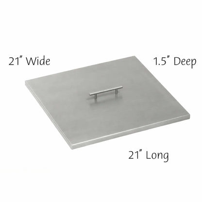 21 x 21 inch square stainless steel burner cover with low-profile edges and integrated handle, built to shield fire pit burners from rain, dirt, and outdoor debris.