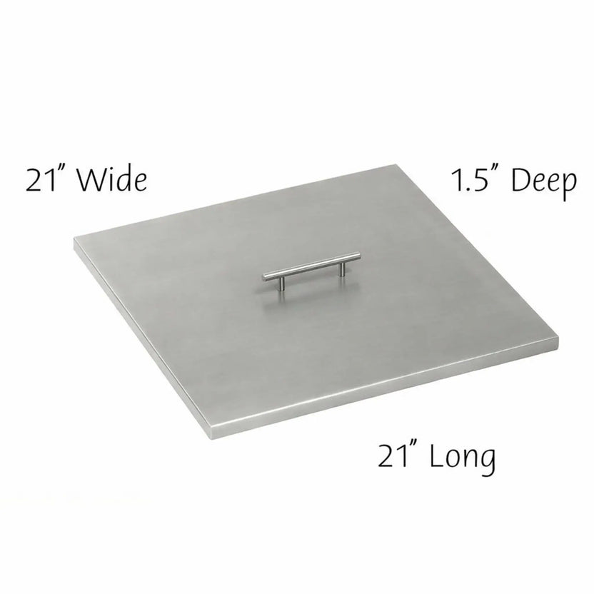 21 x 21 inch square stainless steel burner cover with low-profile edges and integrated handle, built to shield fire pit burners from rain, dirt, and outdoor debris.