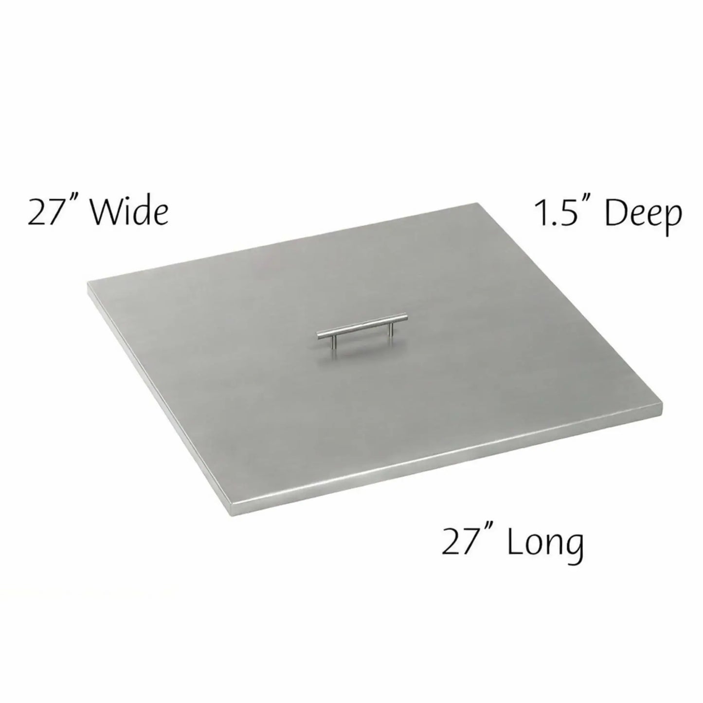 27 x 27 inch square stainless steel fire pit burner cover with durable brushed metal construction and centered handle for easy removal and placement.
