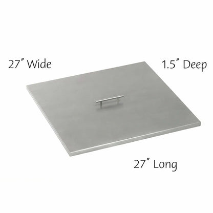 27 x 27 inch square stainless steel fire pit burner cover with durable brushed metal construction and centered handle for easy removal and placement.