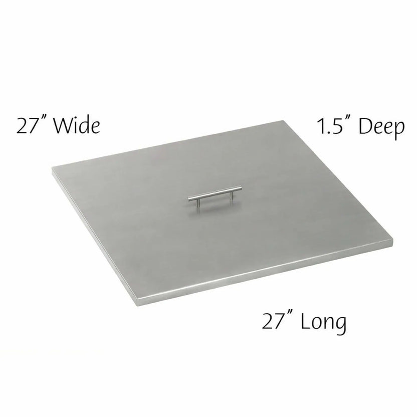 27 x 27 inch square stainless steel fire pit burner cover with durable brushed metal construction and centered handle for easy removal and placement.