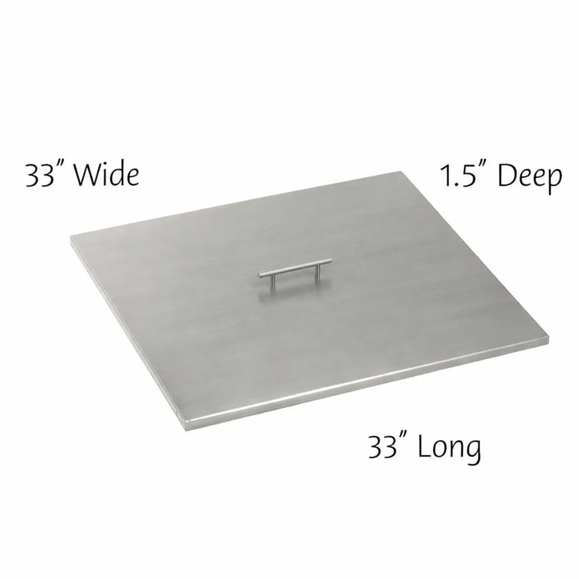 33 x 33 inch square stainless steel fire pit burner cover designed for large square burner pans, featuring a clean modern look and protective weather-resistant finish.